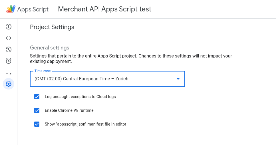 إعدادات مشروع برمجة تطبيقات التي تعرض الخيار "عرض ملف البيان appsscript.json في المحرر"