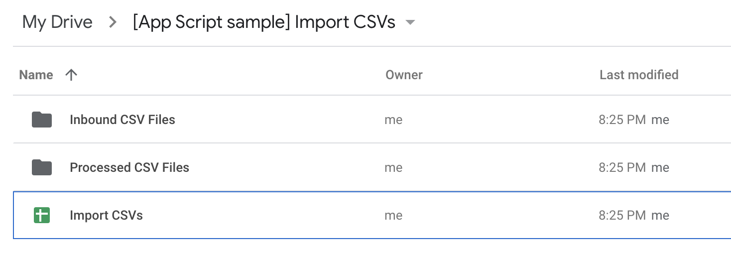 CSV dosyaları ve Google E-Tablolar elektronik tablosu için klasörlerin gösterildiği Google Drive.