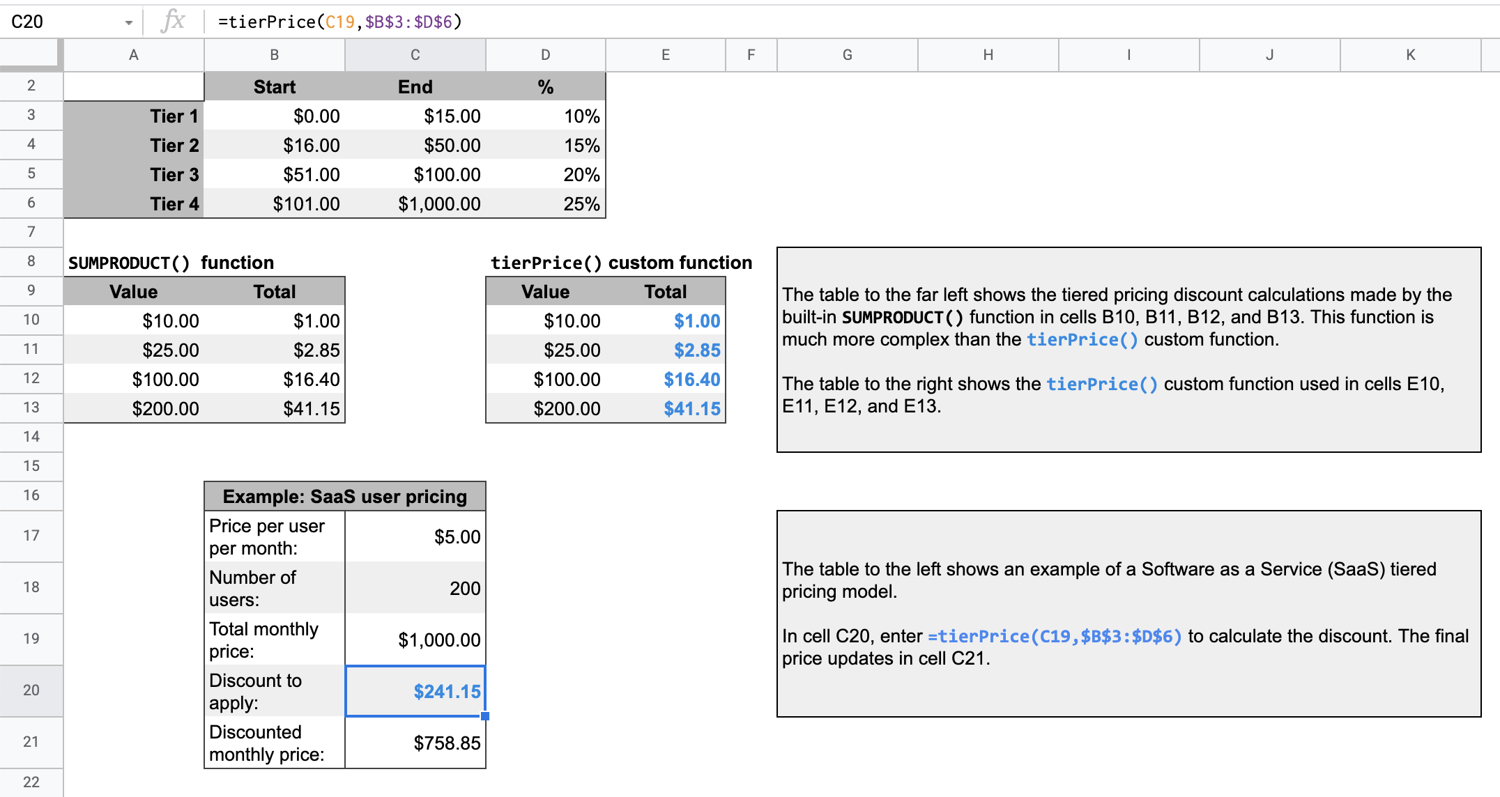 Google Sheet showing a tiered pricing calculation.