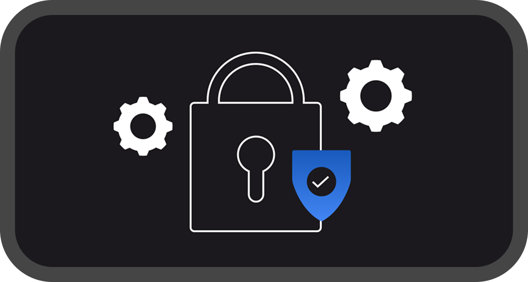Lock icon with shield and gears, on dark background