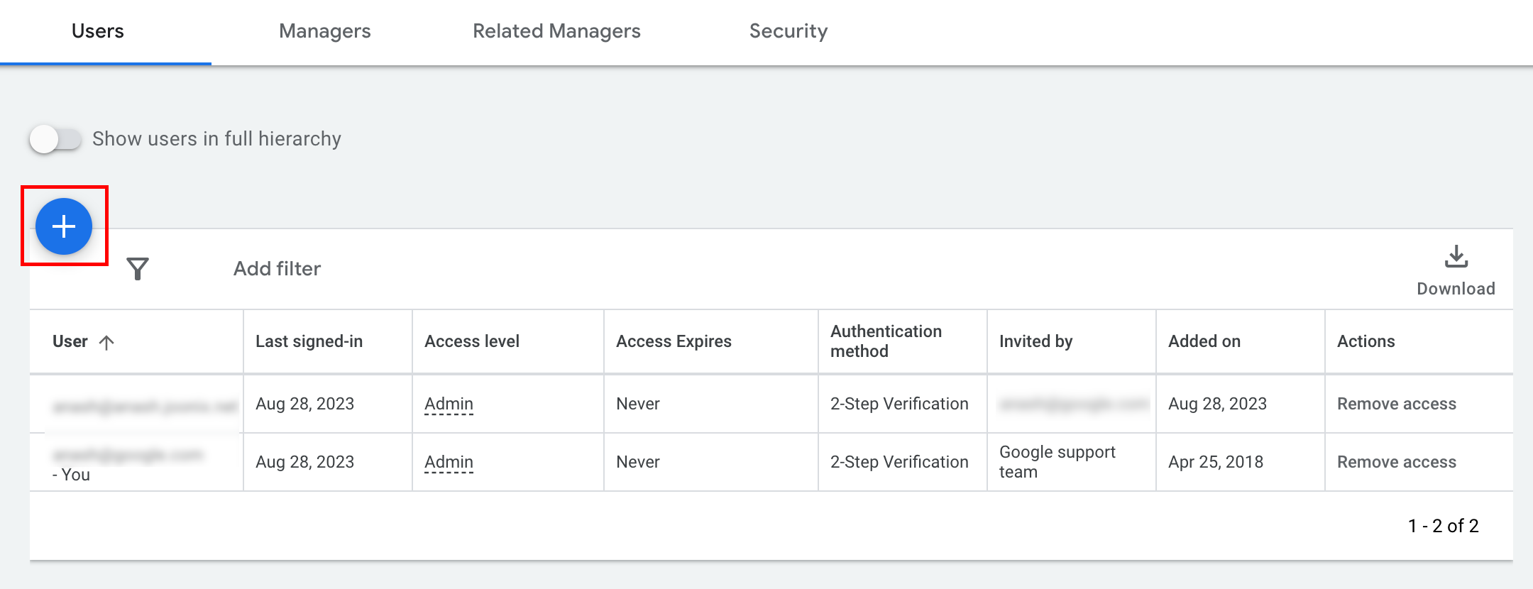 Google Ads Access and security page showing the add user button