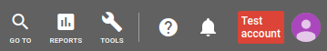 Google Ads UI showing a red Test account label
