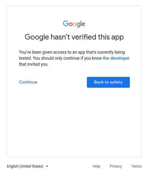 הודעת אזהרה ש-Google לא אימתה אפליקציה שנמצאת בבדיקה.