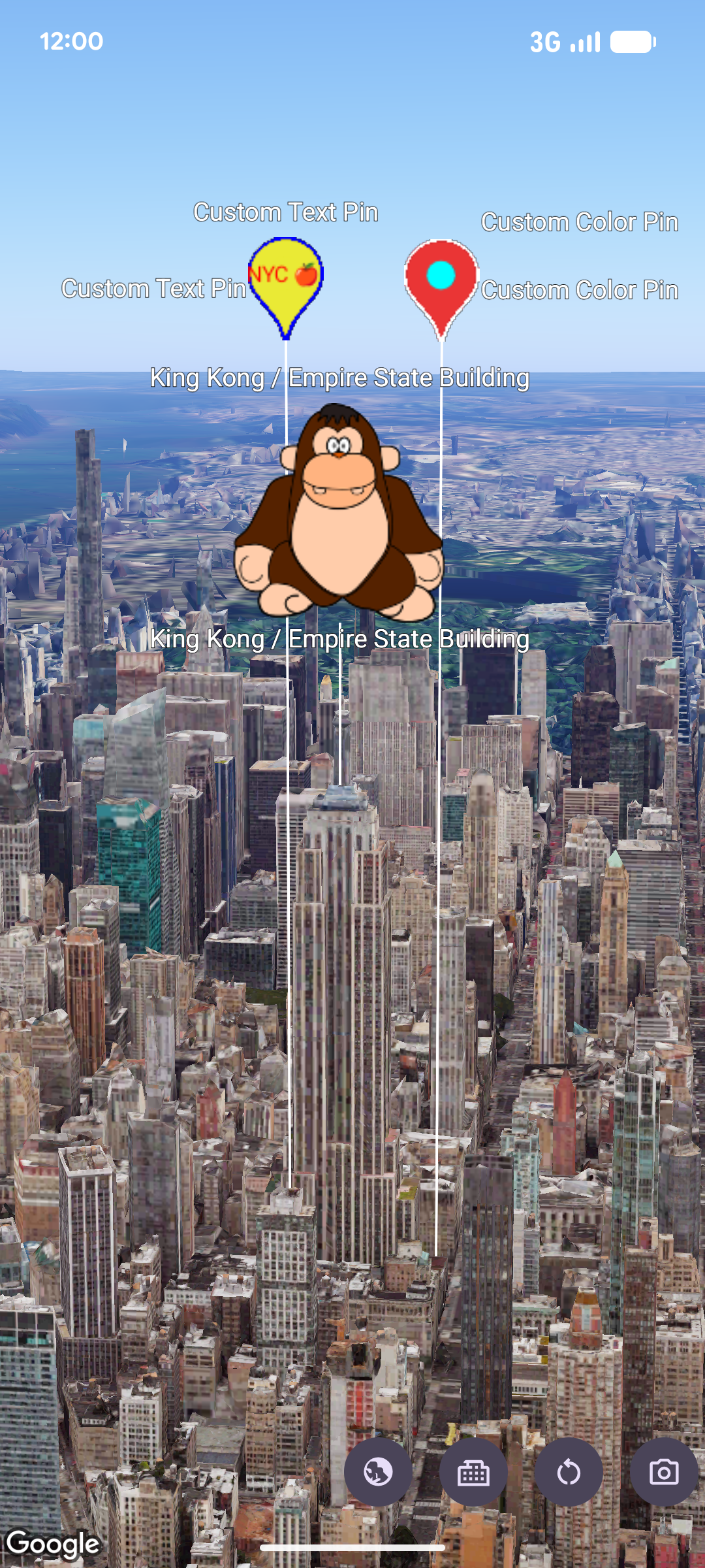 3D image of New York City featuring the Empire State Building with three custom digital markers floating above it, including a cartoon gorilla labeled 