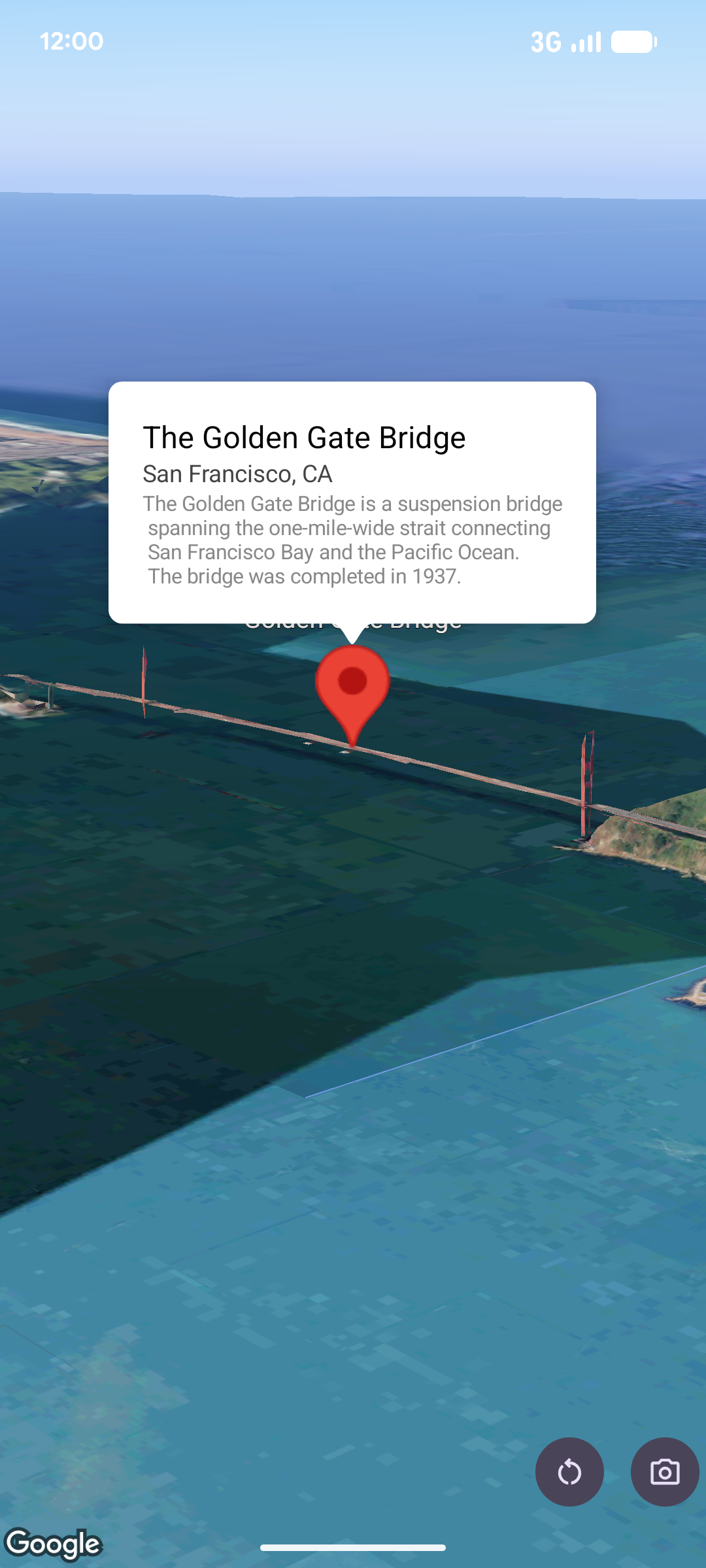 Image of a marker with a popover text window attached to the marker over the Golden Gate Bridge with a generic description of the bridge