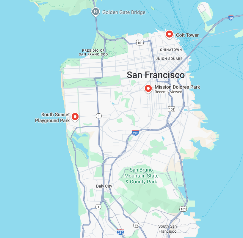 A map of San Francisco with pins for Coit Tower, Mission Dolores Park, and South Sunset Playground Park