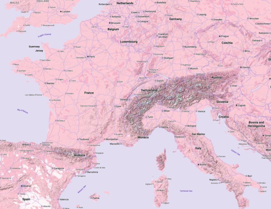A terrain map of France and Monaco with pink water and land.