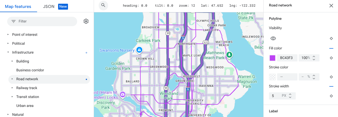 Map style showing road network fill color changes