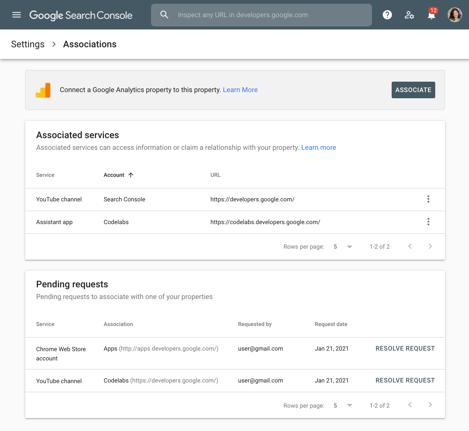Google Search Console Associations page Google Search Console Associations page