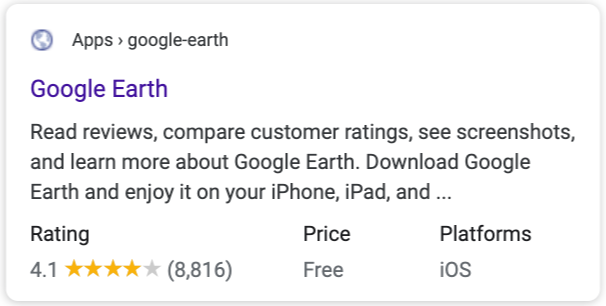 ผลการค้นหาที่เป็นริชมีเดียของแอปพลิเคชันซอฟต์แวร์ในผลการค้นหาของ Google Search