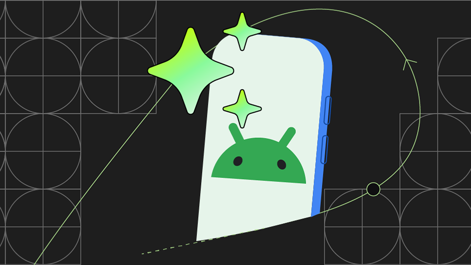 一部智能手机，屏幕上显示 Android 徽标，周围漂浮着星星
