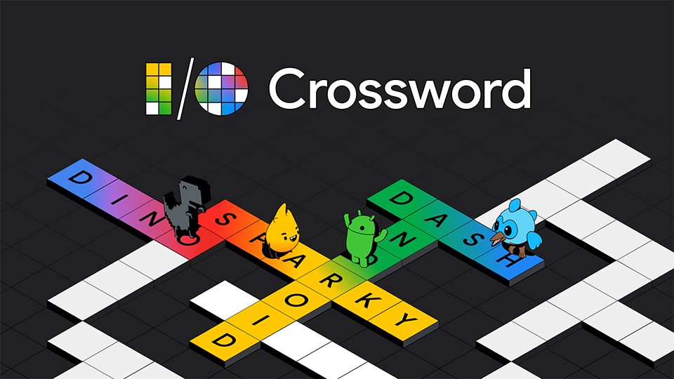 Mots croisés sur fond noir avec les noms des mascottes Google, dont Firebase Sparky, Chrome Dino, Android Robot et Flutter Dash