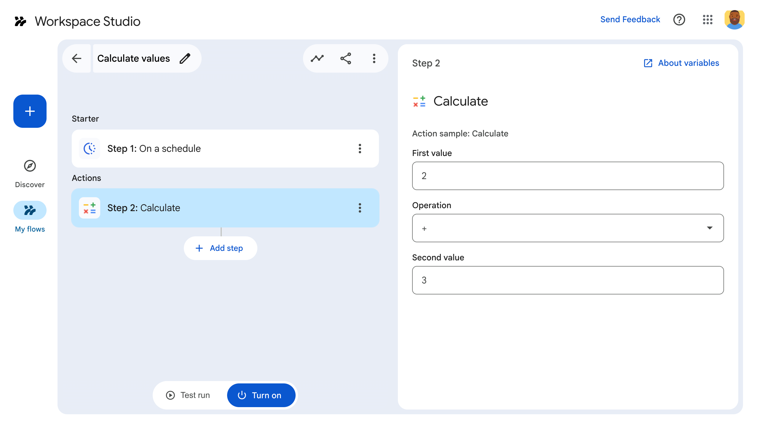 The Workspace Studio calculator step card displaying two number input fields and an arithmetic operation drop-down menu.