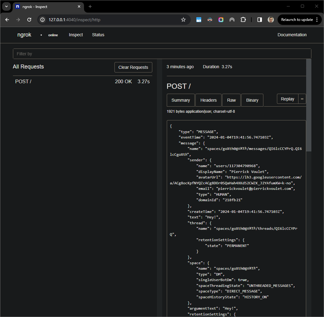 `ngrok` アプリケーションでホストされているウェブ インターフェースからの HTTP リクエスト